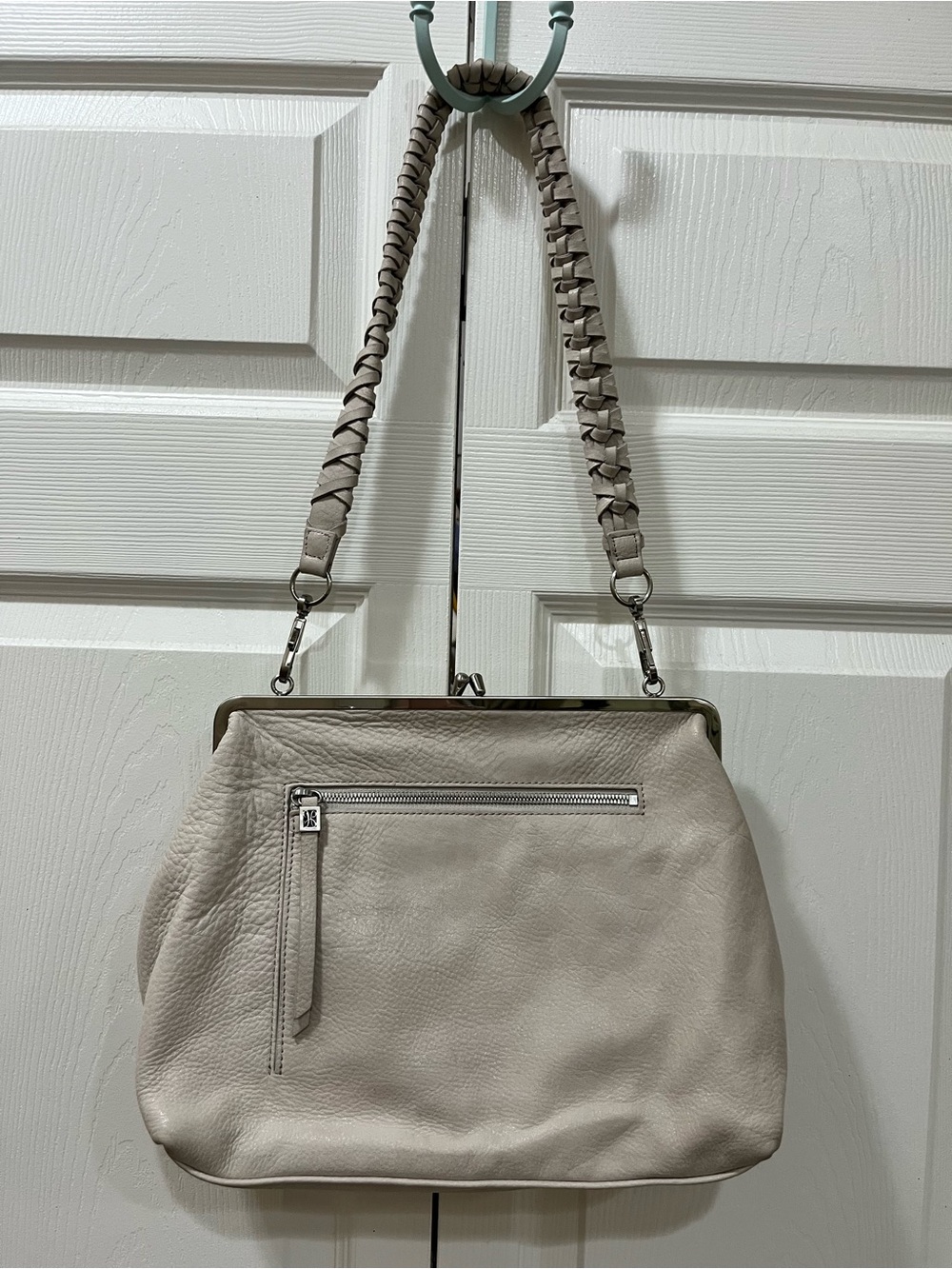 HOBO Alba Frame Large Shoulder Bag in Stone/Buffed Leather, with kiss lock.